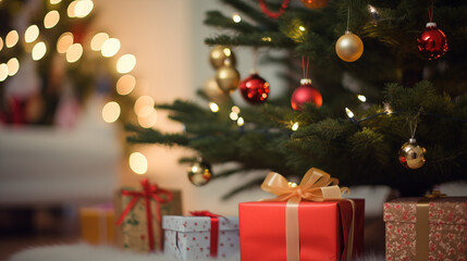 Close-Up Festivity Christmas Gifts and Lights - Capturing the Holiday Glow - Created using Generative AI