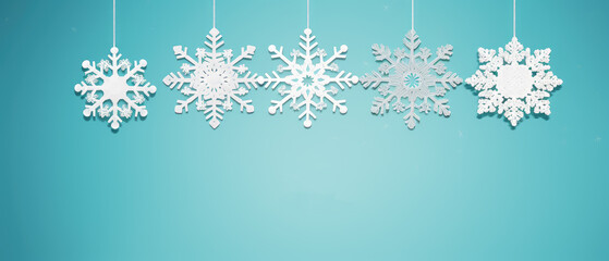 Winter banner wallpaper with hangiing snow flake on green background