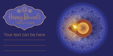 Happy Diwali ( Festival of lights) vector illustration with mandala circle design and oil diya. Banner, flyer, greeting card, poster