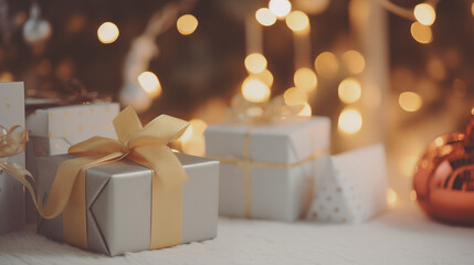 Festive Close-Up Christmas Gifts and Lights - Warmth and Joy in Every Detail - Created using Generative AI