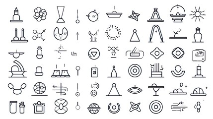 Large set of Chemistry lab and diagrammatic icons showing assorted experiments, glassware and molecules isolated on white for design elements, black and white vector illustration