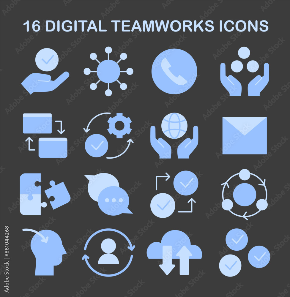 Poster digital teamworks icon set. essential collection for virtual collaboration and online project manage