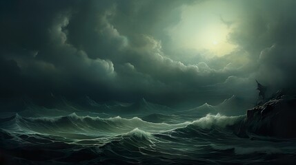 Sunset on stormy sea art blue paint ocean waves background fantasy artwork