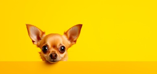 funny chihuahua peeping from behind a vibrant yellow block, horizontal wallpaper, large copy space for text.