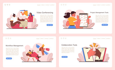 Fototapeta na wymiar Digital Teamworks concept. Diverse virtual collaboration and management depicted across telecommuting, remote work, and digital tools. Cohesive teamwork in the digital era. Flat vector illustration