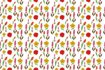 Floral Seamless Pattern in Bright Colors and Retro Hippie Style.