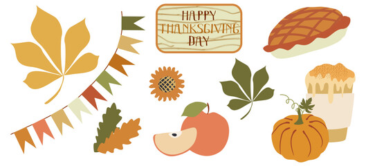 Thanksgiving vector set. Turkey, pumpkin, pie, falling leaves, garland. Autumn season Flat style collection isolated on white. Festive dinner Design elements for Celebration, Decoration, Sicker Pack.