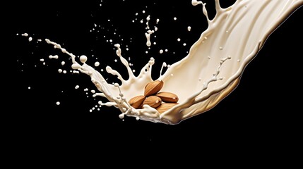 Almond milk splash isolated on black background, clipping path included. Vegan Food Concept. Healthy Food.