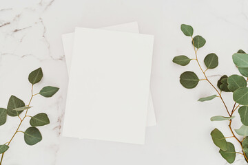 Empty blank white magazine cover mock up and green eucalyptus branch on white marble table background. - obrazy, fototapety, plakaty