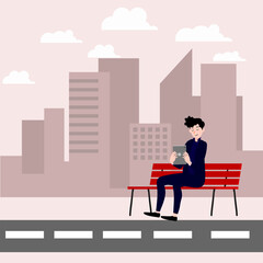 Immerse your designs in contemplative ambiance of urban surroundings with illustrative portrayal of boy sitting thoughtfully on bench, gazing at towering buildings. Ideal for city-themed visuals.