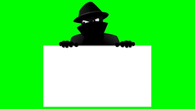 Animation loop of a criminal on the lookout looking to the right, then the left posted on the top of a white panel on a green background