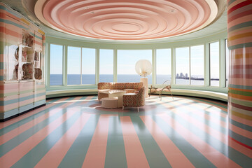 Fototapeta premium A living room with striped walls and a large window that says the sea