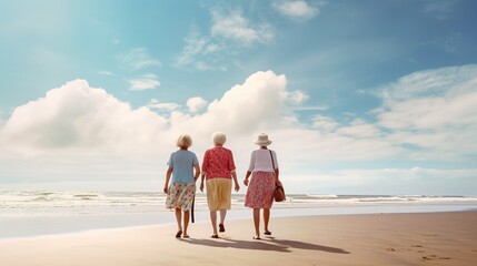 senior friends walking on beach background - Powered by Adobe