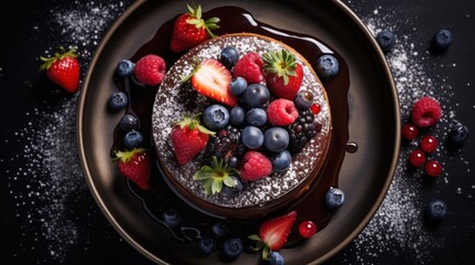  a chocolate cake with berries and powdered sugar on a plate with a drizzle of chocolate on the side of the plate is a drizzled with powdered sugar and drizzled.