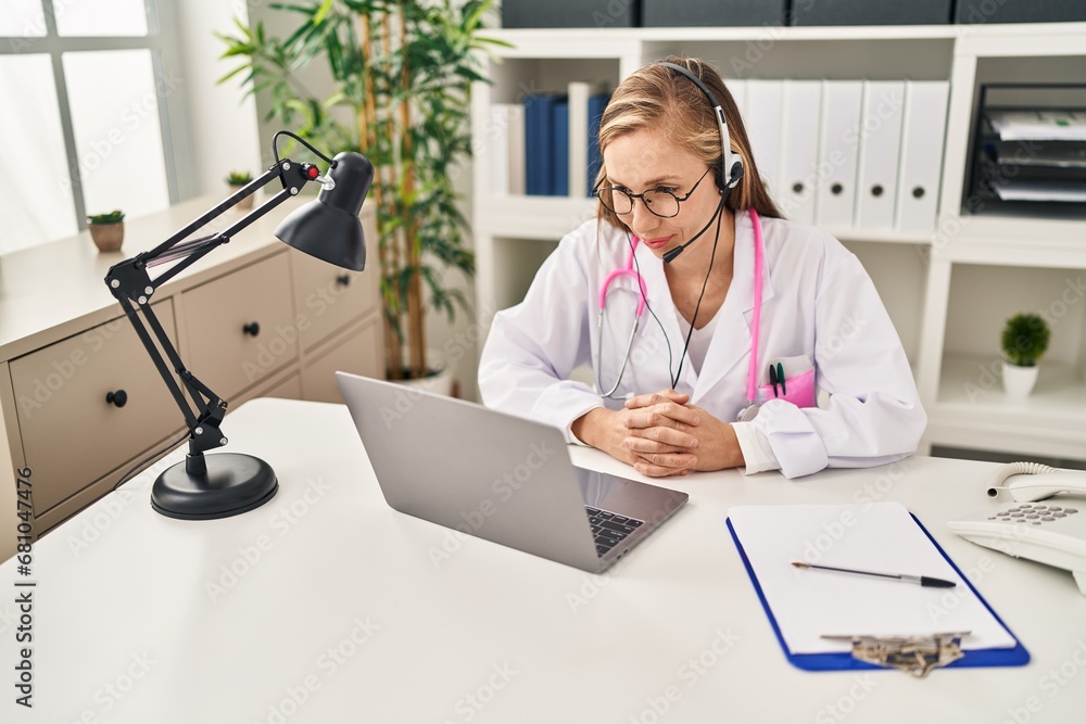 Sticker young blonde woman doctor having telemedicine at clinic