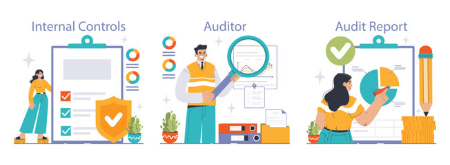 Audit process set. Professionals assessing financial statements. Internal controls evaluation, auditor's analysis, comprehensive audit report insights. Pie chart review. Flat vector illustration.