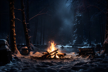 snowy forest at night, winter, with a bonfire