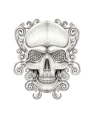 Skeleton vintage tattoo hand drawing on paper.