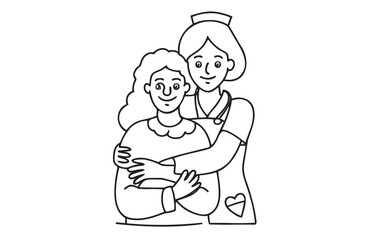 Line art A youthful female nurse embraces an elderly lady.