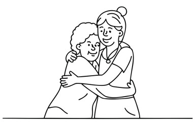 Line art A youthful female nurse embraces an elderly lady.
