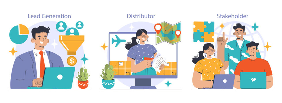 B2B Commerce set. Dynamic portrayal of professionals in lead generation, product distribution, and stakeholder relations. Connection, collaboration, strategy. Flat vector illustration