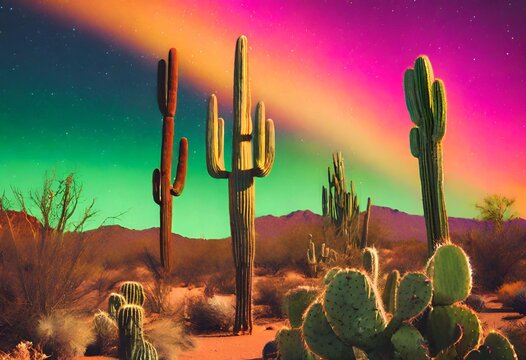 cactus plants in the desert with the aurora in the background, AI Generative