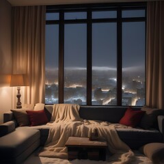 Beyond a large wide window, there is a city night view