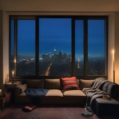 Beyond a large wide window, there is a city night view