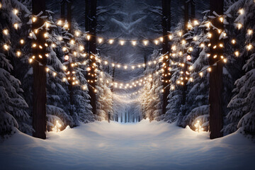 A winter forest background featuring a road perspective and Christmas trees decorated with garland lights,
