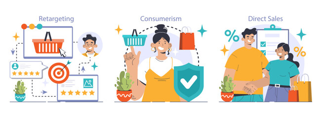 E-commerce journey set. Engaging in retargeted shopping, embracing modern consumerism trends, successful direct sales transactions. Engaging visuals. Safe transactions. Flat vector illustration