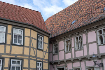 Fototapeta na wymiar Historic half-timbered houses in Quedlinburg am Schlossberg, Saxony-Anhalt, Germany