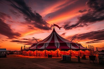 Circus Tent Under a Warn Sunset, Circus Tent Night View, Carnival Park, Generative AI Illustration