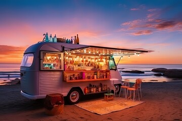 Open Festive Food Truck on Beach, Beach Party Night bar with Light Bulbs, Generative AI Illustration - obrazy, fototapety, plakaty