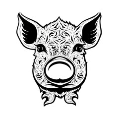 Ornate Pig Icon, Piglet Portrait Isolated, Chinese Horoscope Minimal Pig Symbol on White