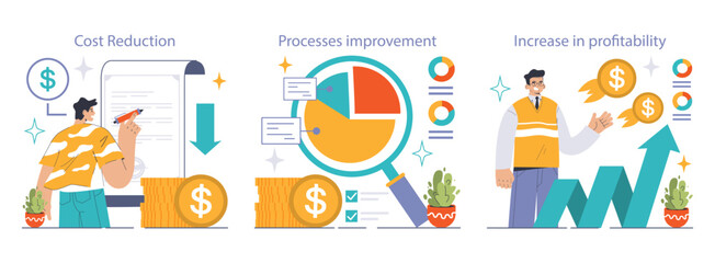 Business Optimization set. Professionals navigating financial growth. Cost reduction, streamlined processes, and enhanced profitability. Strategy in action. Flat vector illustration
