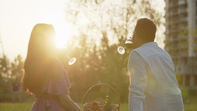 Happy young cute couple drinking red wine in park. Adult lovers toasting holding wineglasses during picnic and kisses. First date on urban forest background. Carefree pair having a great time watching