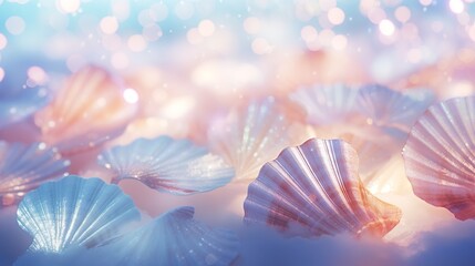 Neon colored abstract seashells and diamond pearls on a pastel LA California beach. Summer time with neon pink blue turquoise color with sun rays and sunshine seashells