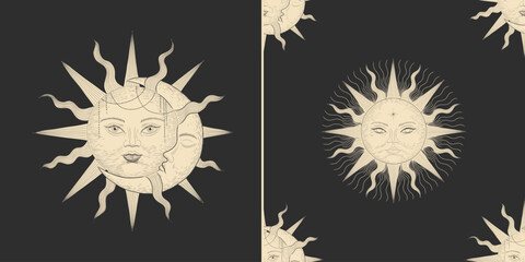 Vector illustration set of moon phases. Different stages of moonlight activity in vintage engraving style. Zodiac Signs