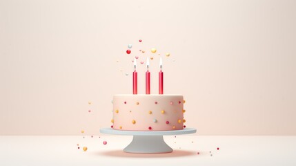  a cake with pink frosting and lit candles with sprinkles and confetti on a white cake stand with a pink wall in the back ground.