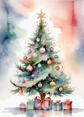 Watercolor Christmas tree fluyer or greetings card background