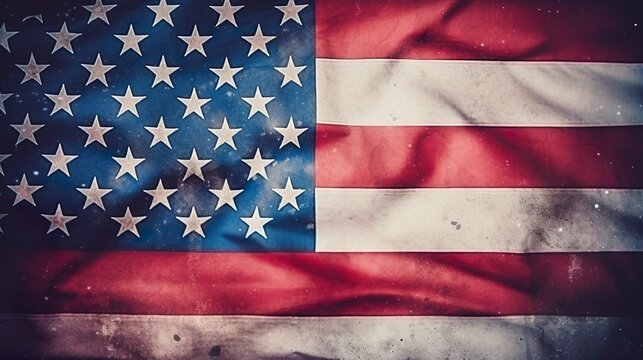The United States close up flag on a grunge backdrop scenery, ideal as a background for 4th of July celebrations.