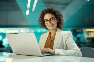 Smiling businesswoman uses laptop at the office, close-up portrait