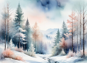 Watercolor Winter forest landscape illustration