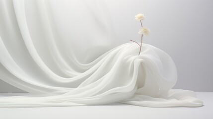  a white cloth draped over a white vase with a single white flower sticking out of it's center and a single white flower sticking out of it's stem.