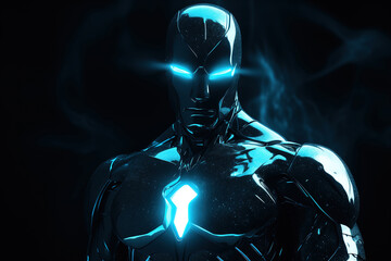 Super hero in silver metal suit, blue glowing energy flows