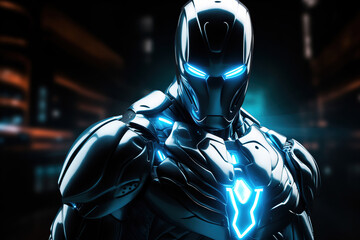 Super hero in silver metal suit, blue glowing energy lights. Blurred motion. Generative art