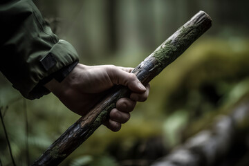 person’s hand, clad in a green jacket, gripping a moss-covered stick in a blurred forest setting, ai generative
