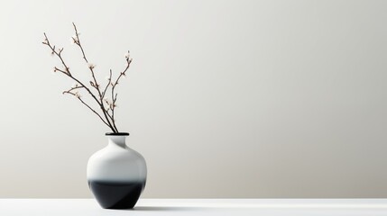  a black and white vase sitting on a table with a twig sticking out of the top of it, with a white wall behind it and a white wall in the background.