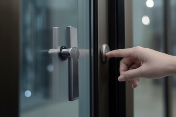 Fototapeta premium a hand reaching out to press a silver, round doorbell on a modern, black glass door, ai generative