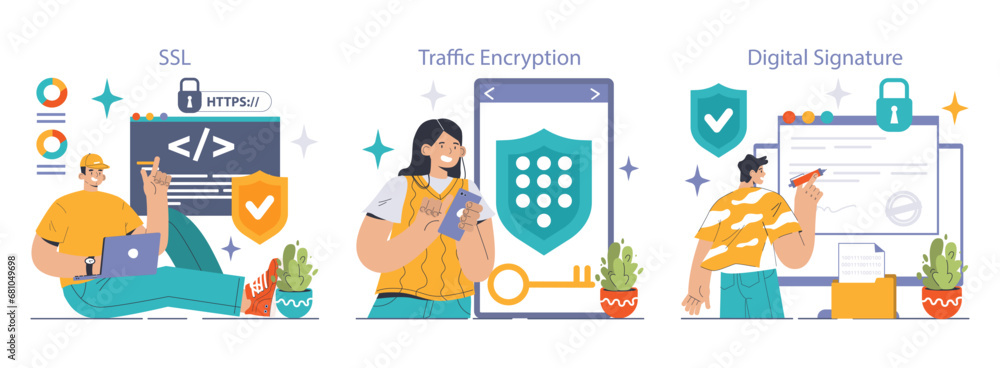 Poster data encryption set. personal information, internet access or database protection. cyber security an